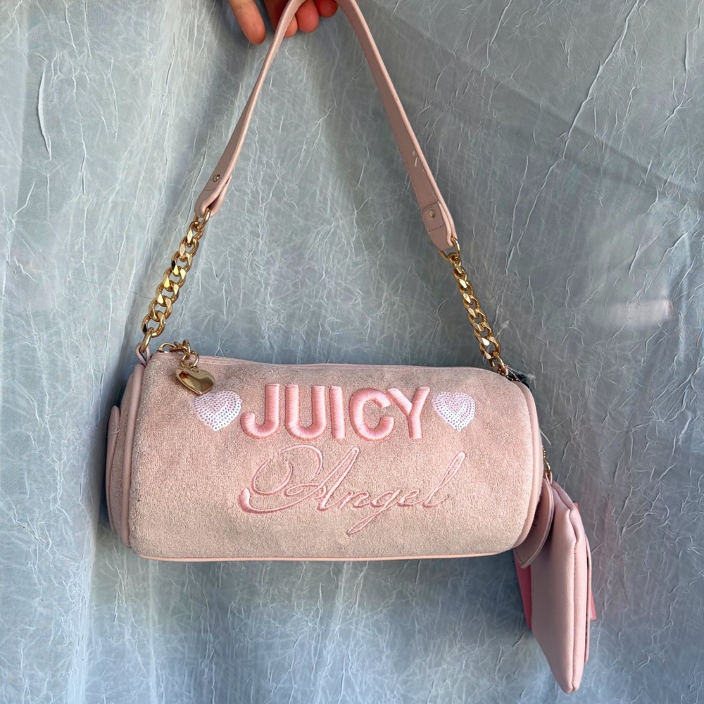 Y2K Juicy Couture Juicy Angel Pink Clay Velour Barrel Shoulder Bag NWT